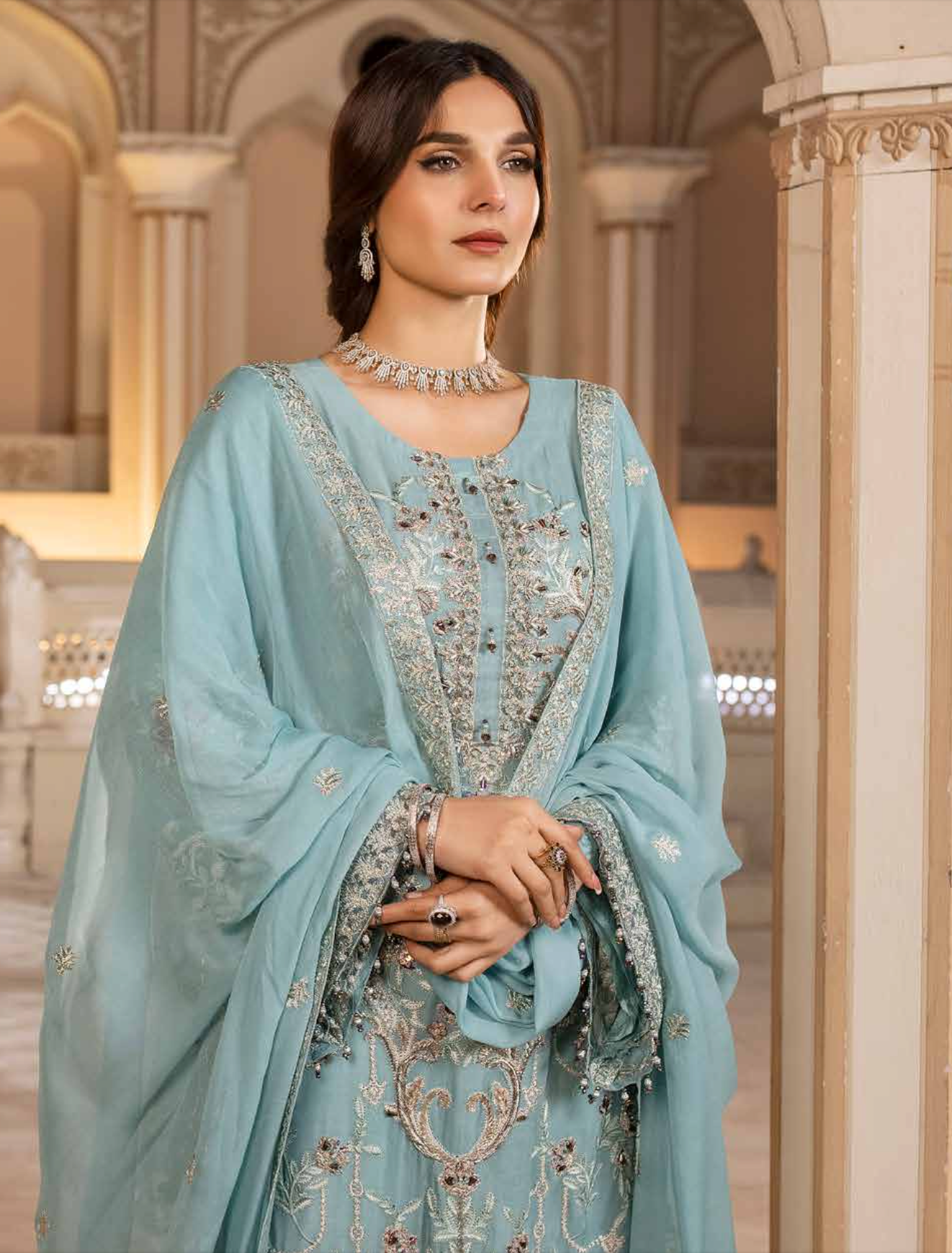 Light Teal Blue 'Mystic Meadow' Dastan Luxury Chiffon Ladies Suit