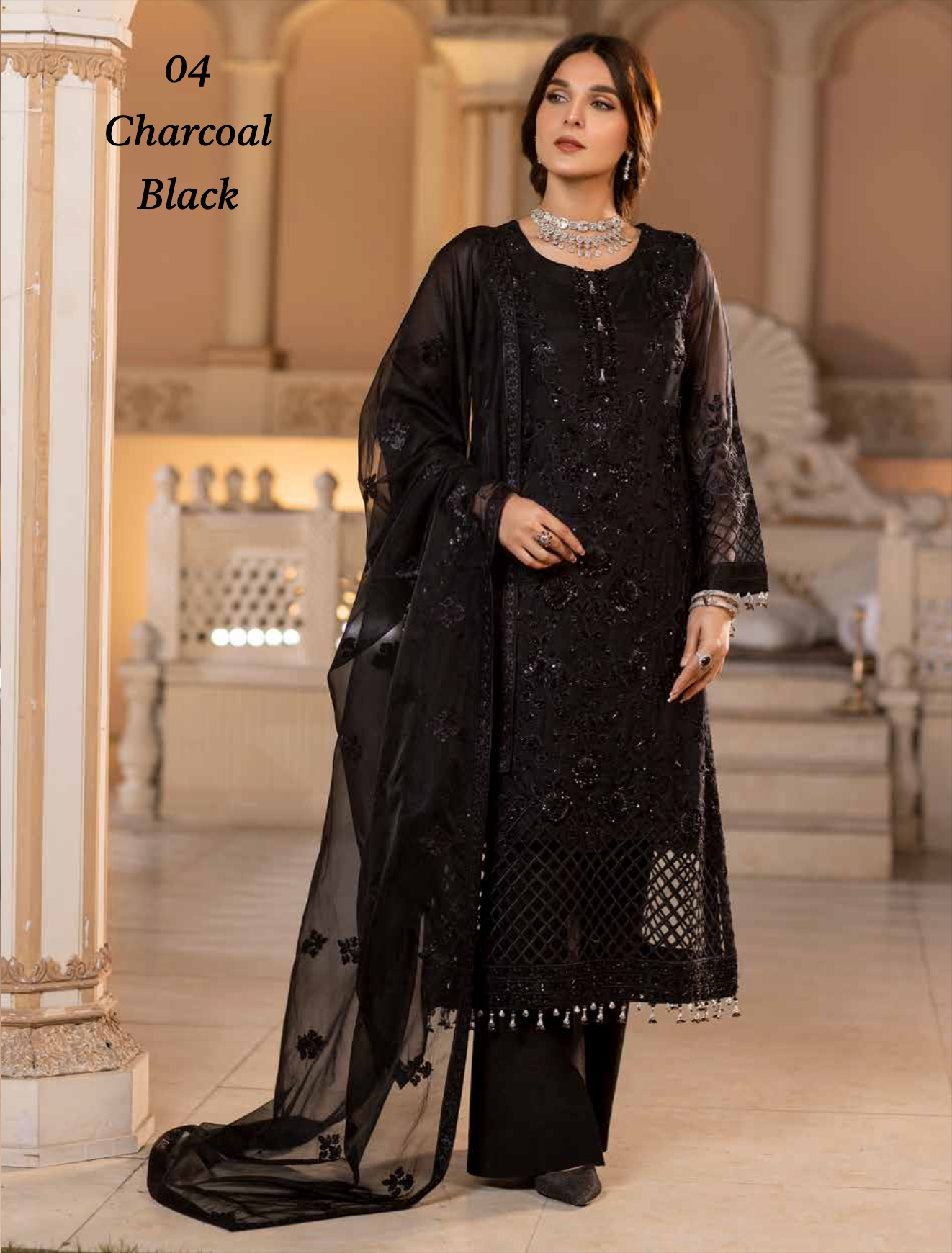 Black 'Charcoal Black' Dastan Luxury Chiffon Ladies Suit