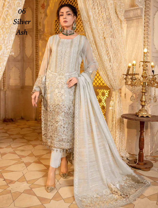 Off White 'Silver Ash' Dastan Luxury Chiffon Ladies Suit