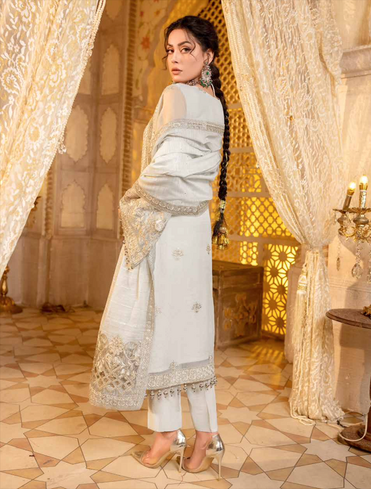 Off White 'Silver Ash' Dastan Luxury Chiffon Ladies Suit