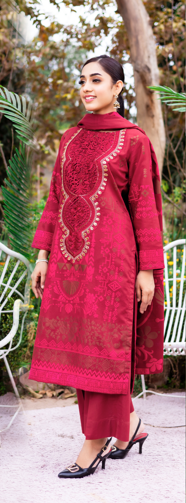 Maroon Red 'Nura' Premium Jacquard Ladies Suit