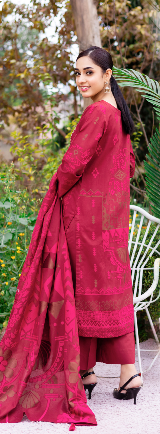 Maroon Red 'Nura' Premium Jacquard Ladies Suit