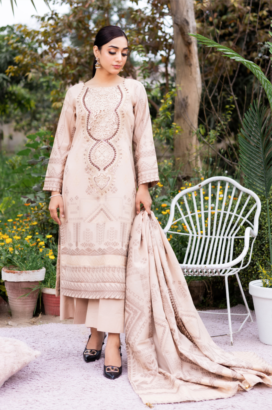 Light Beige 'Nura' Premium Jacquard Ladies Suit