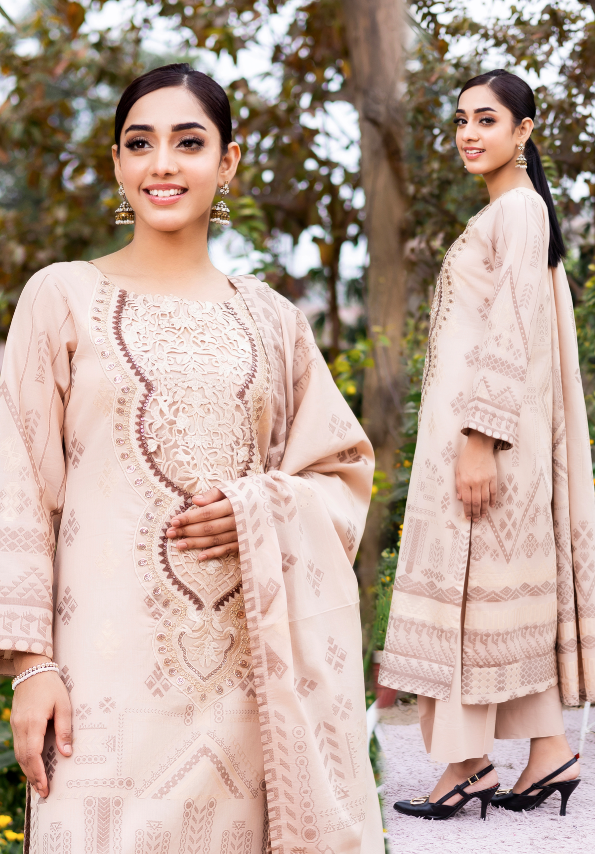 Light Beige 'Nura' Premium Jacquard Ladies Suit