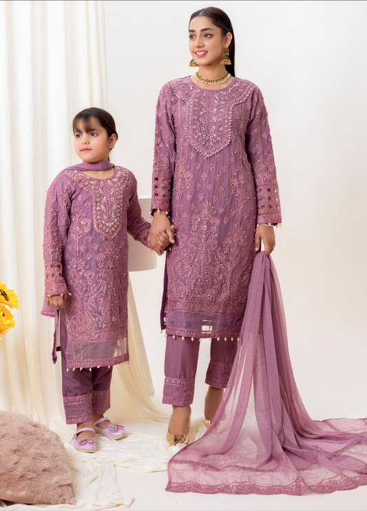 Lilac Pink 'Dastaan' Chiffon Girls Suit
