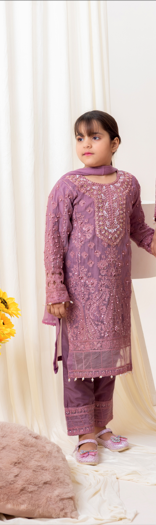 Lilac Pink 'Dastaan' Chiffon Girls Suit
