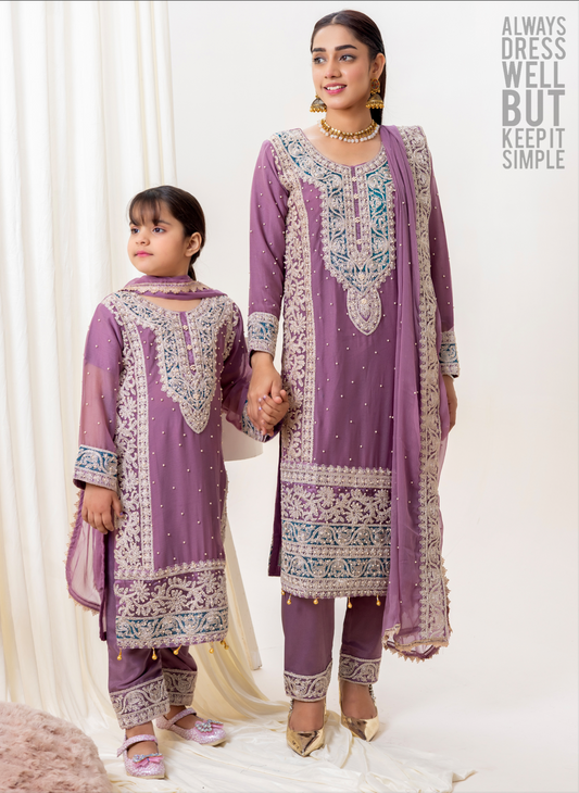 Purple Lilac 'Naqsh' Chiffon Girls Suit