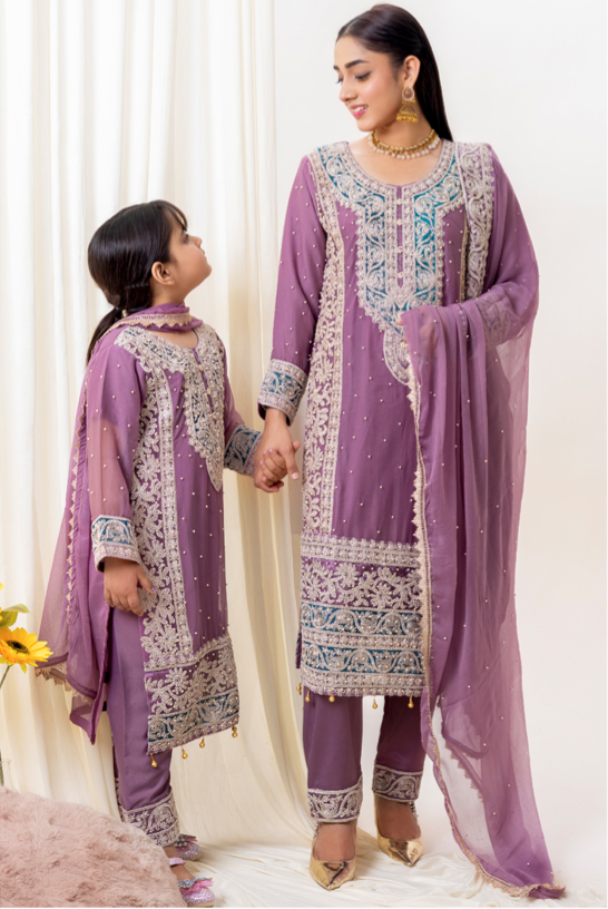 Purple Lilac 'Naqsh' Chiffon Girls Suit