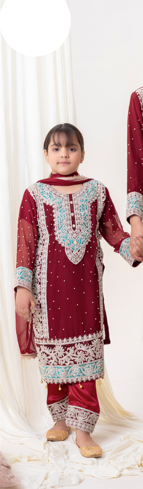 Dark Red 'Naqsh' Chiffon Girls Suit