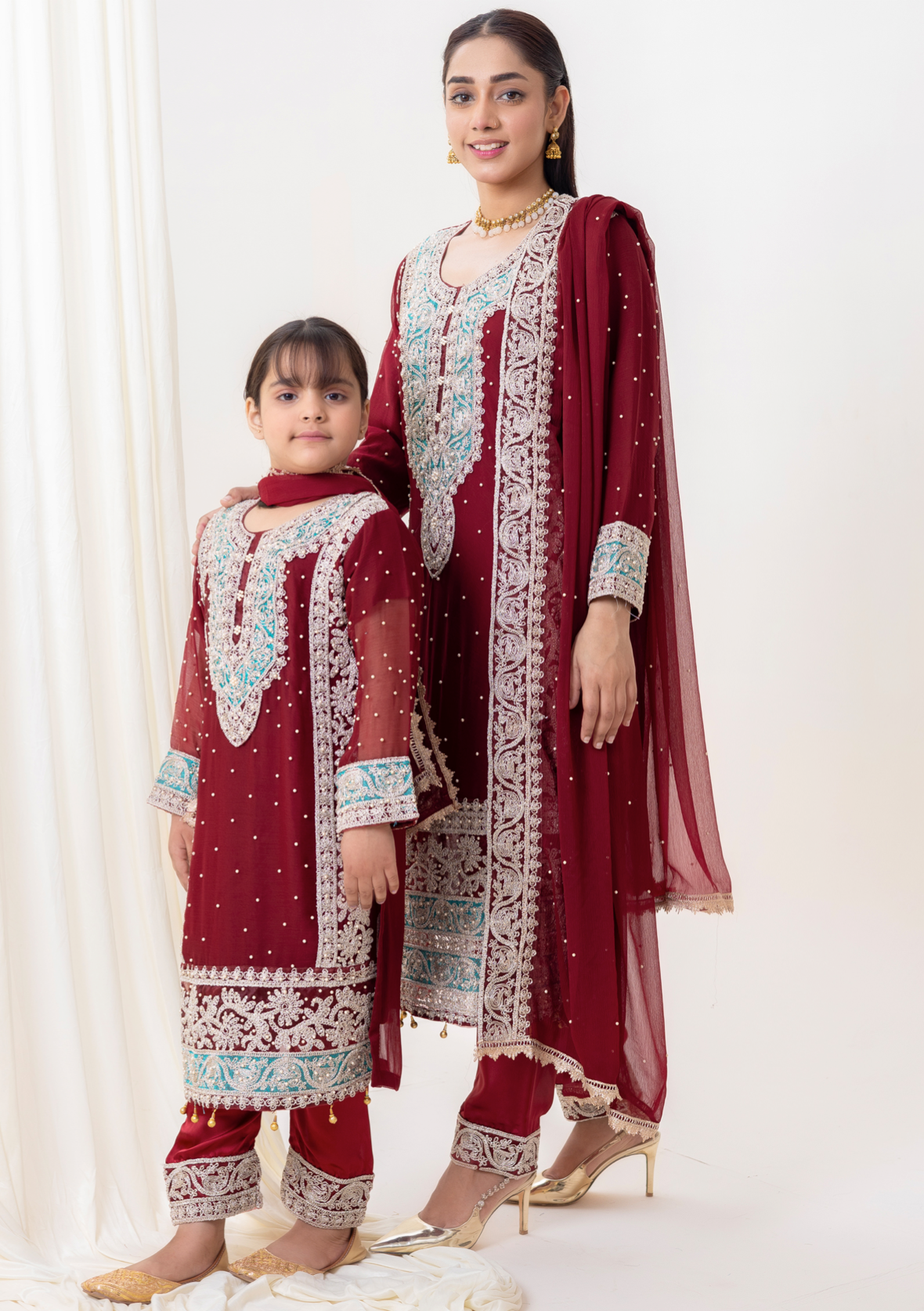 Dark Red 'Naqsh' Chiffon Girls Suit