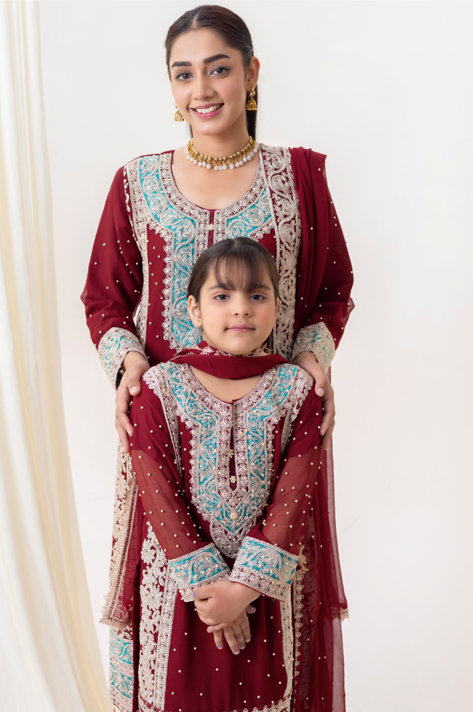 Dark Red 'Naqsh' Chiffon Girls Suit