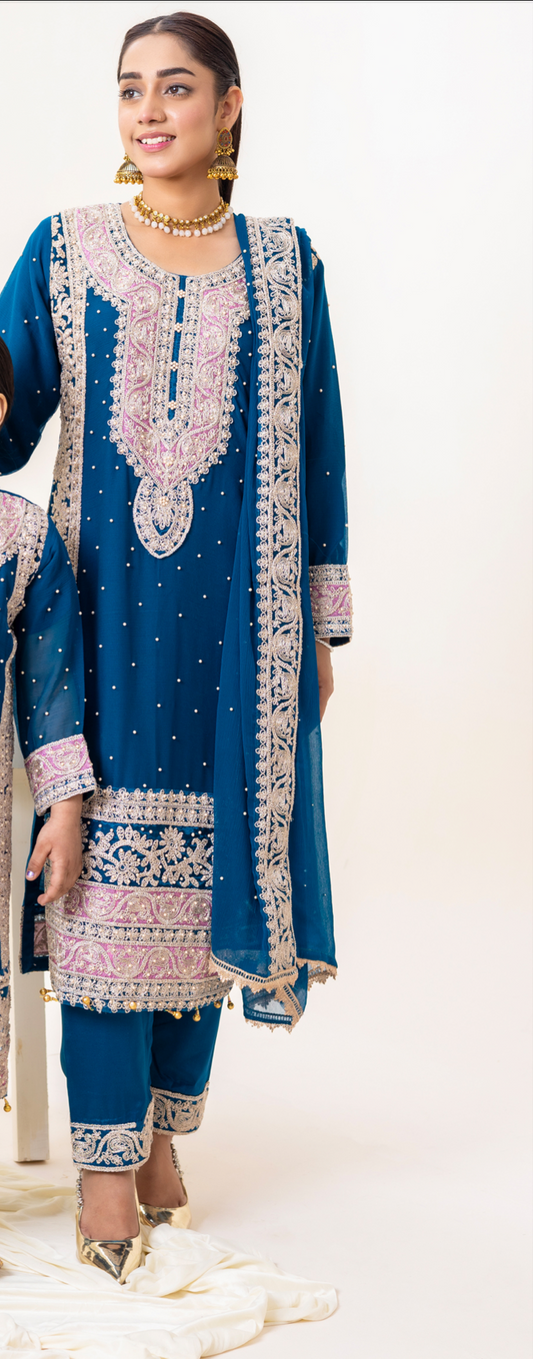 Teal Blue 'Naqsh' Chiffon Ladies Suit