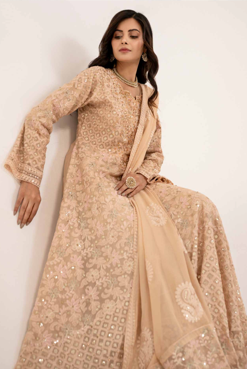 Dusty Beige Gold 'Satrangi' Luxury Chiffon Ladies Suit