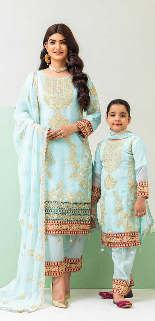 Light Teal Blue 'Roshni' Chiffon Ladies Suit