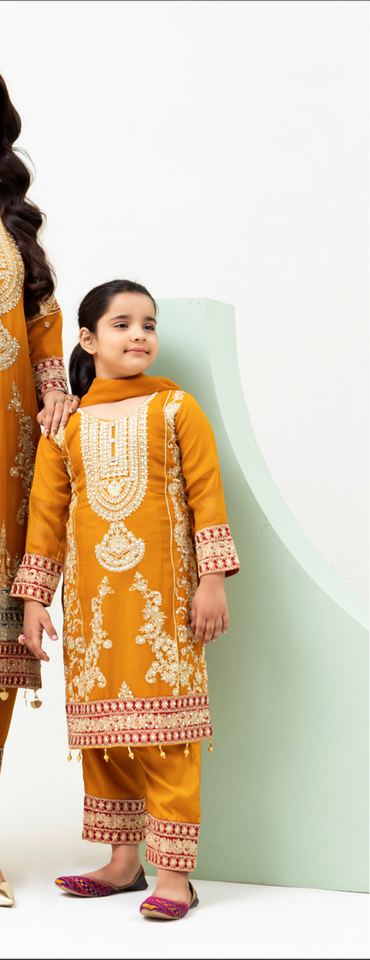 Mustard Yellow Orange 'Roshni' Chiffon Girls Suit