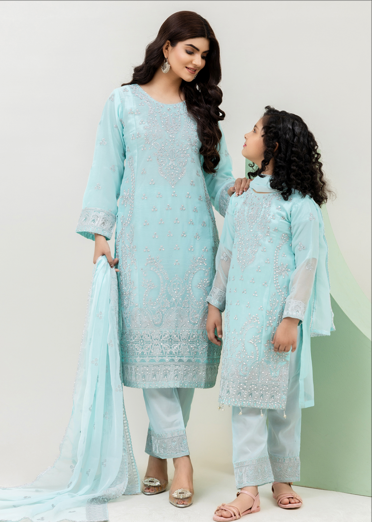 Light Teal Blue 'Rang Ja' Chiffon Girls Suit