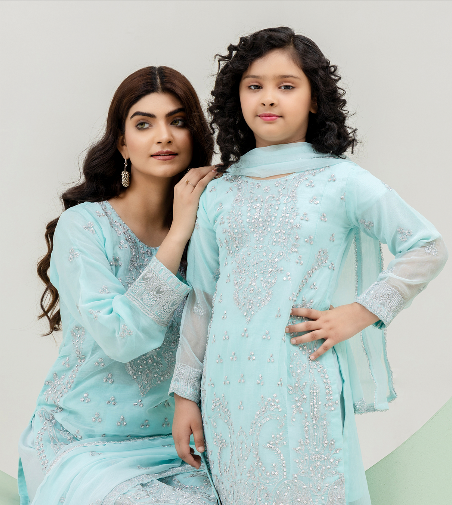 Light Teal Blue 'Rang Ja' Chiffon Girls Suit