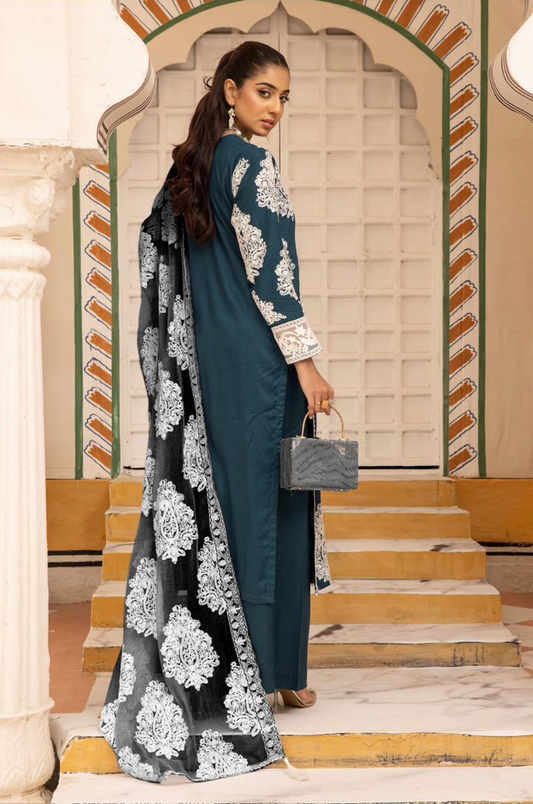 Dark Teal Blue 'Jannat' Linen Ladies Suit