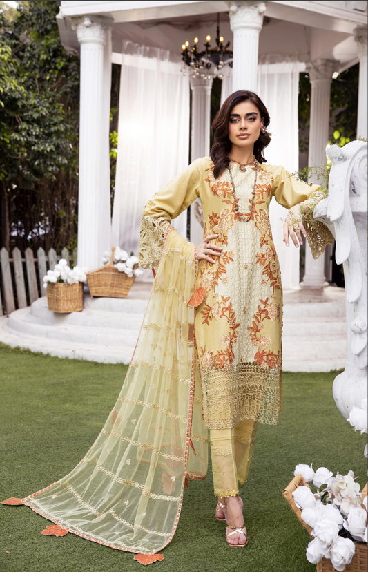 Creamy Yellow Gold Luxury Jacquard Lawn Ladies Suit