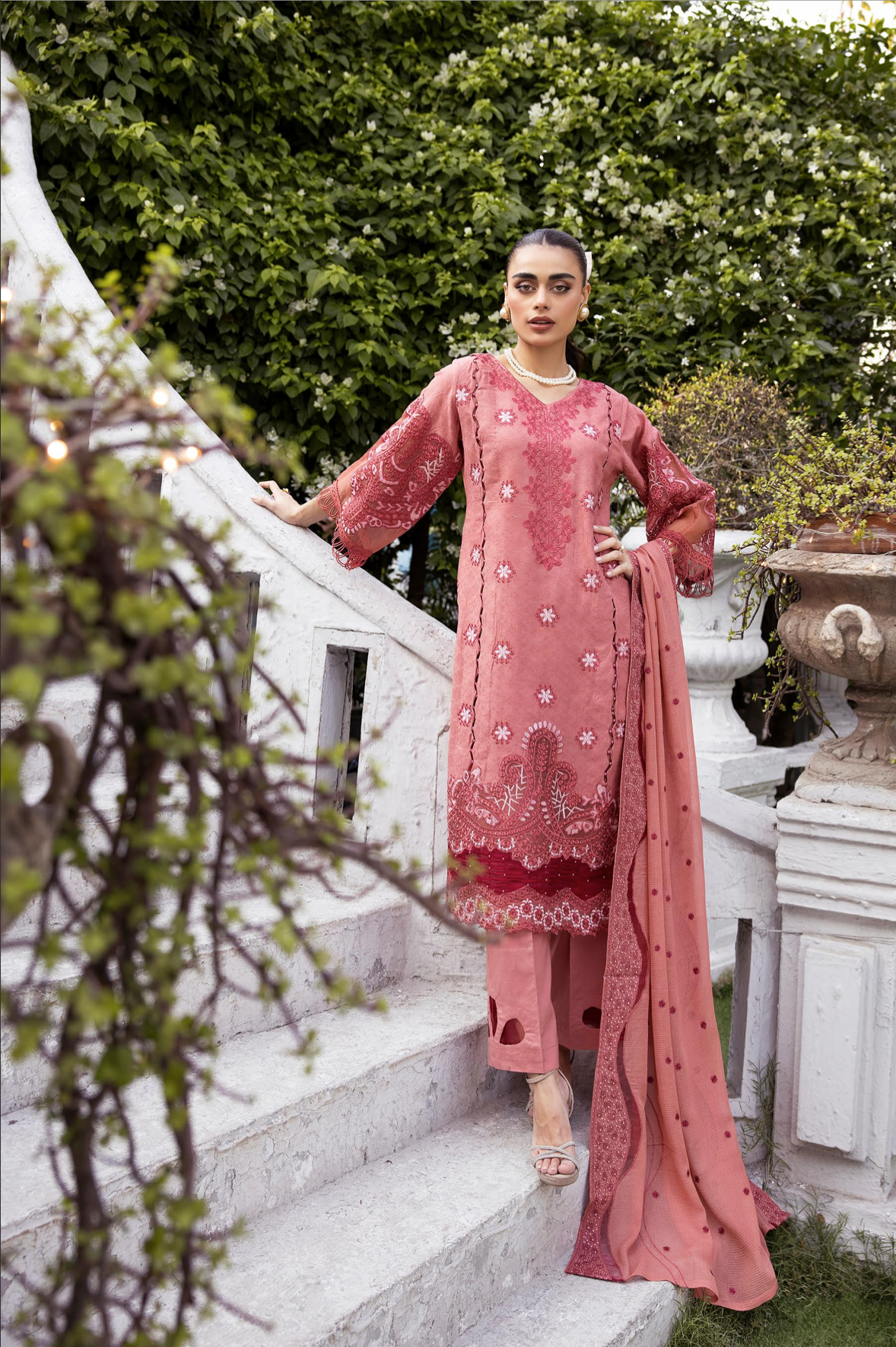 Dusty Red Luxury Jacquard Lawn Ladies Suit