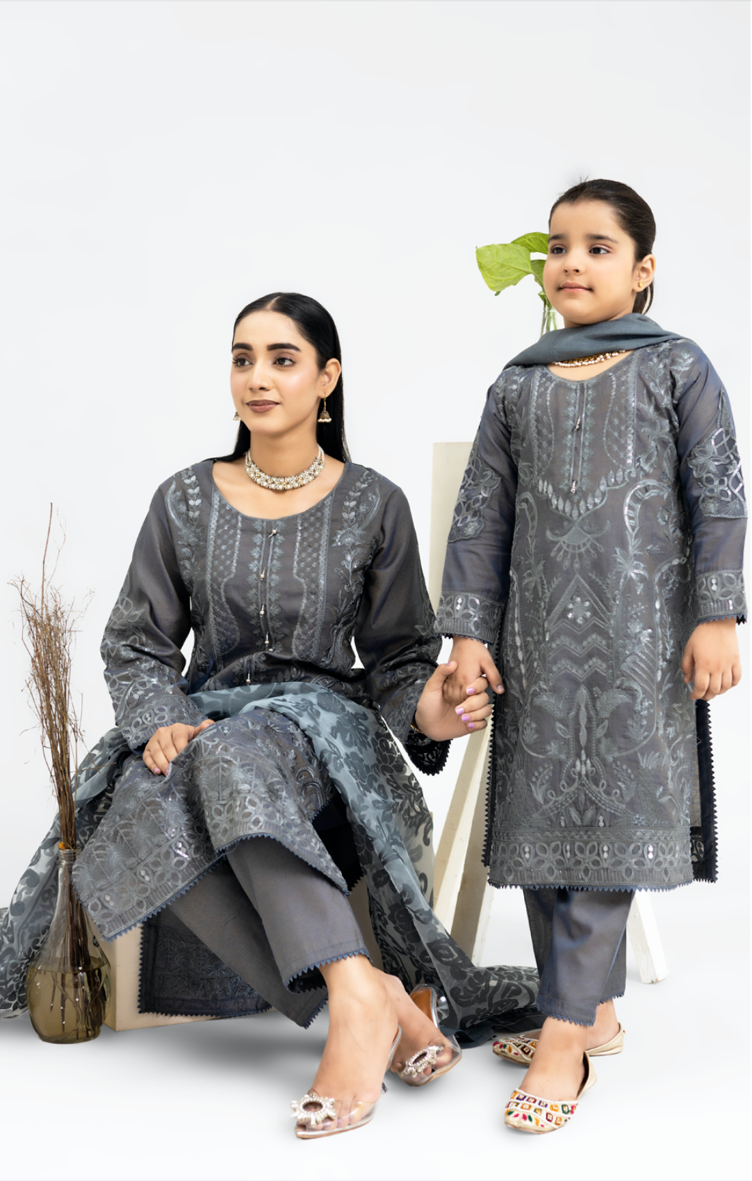 Dark Grey 'Anmol' Banarsi Cotton Girls Suit