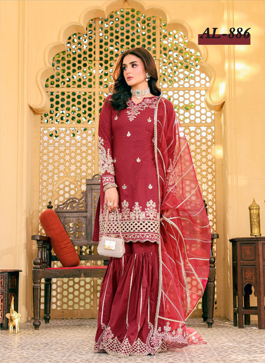 Maroon Red Ally's Jacquard Cotton Ladies Suit