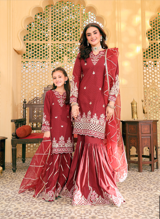 Maroon Red Ally's Jacquard Cotton Ladies Suit