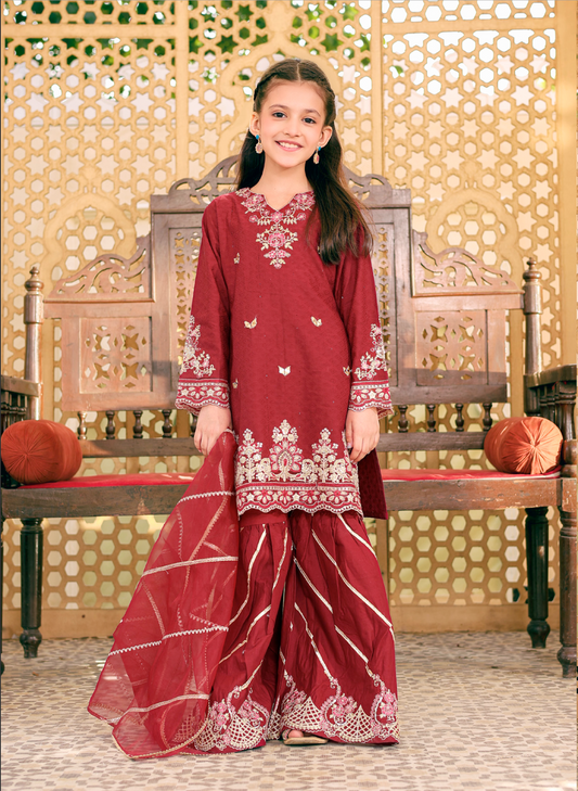 Maroon Red Ally's Jacquard Cotton Girls Suit