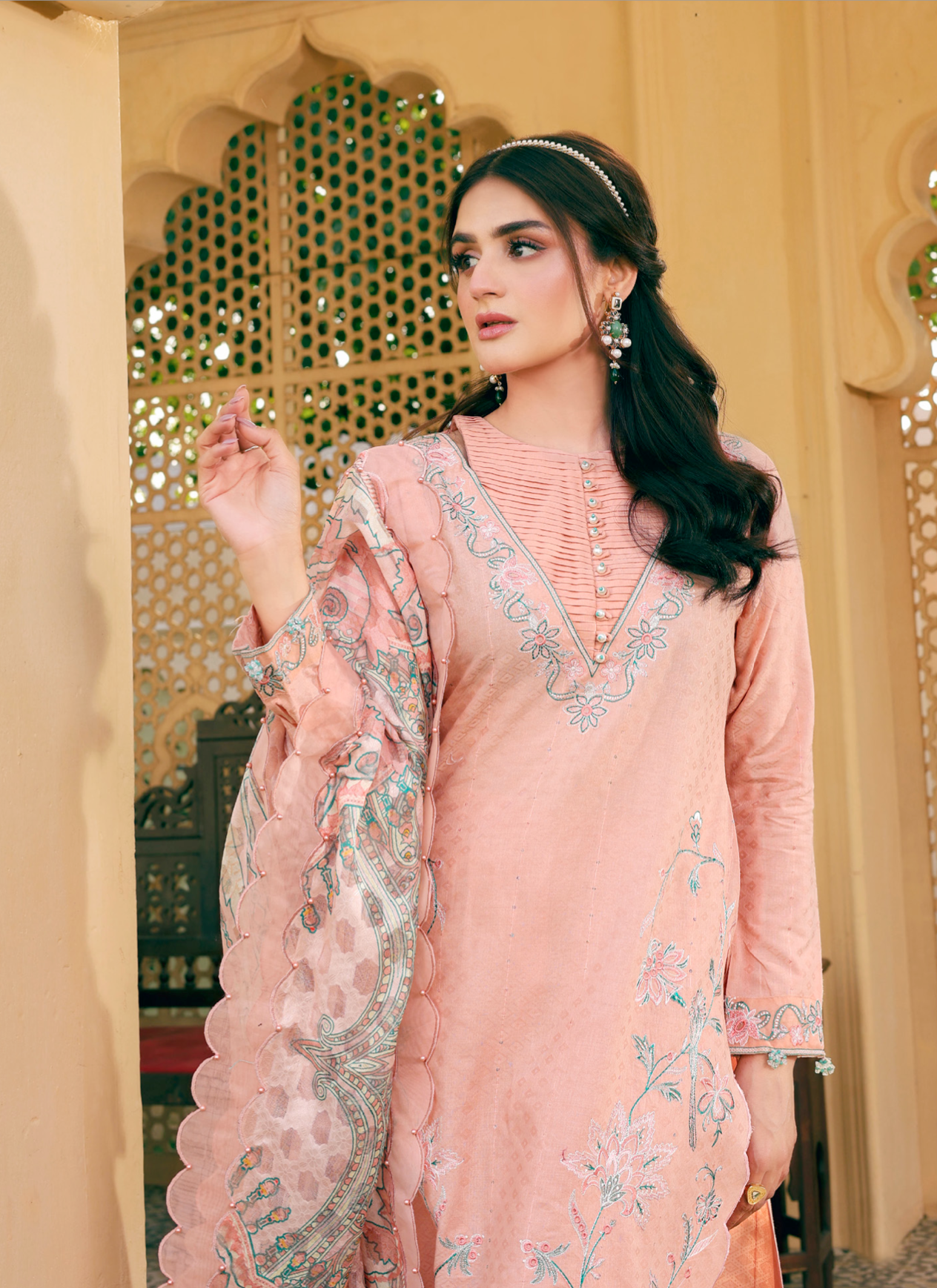 Peach Pink Ally's Jacquard Cotton Ladies Suit