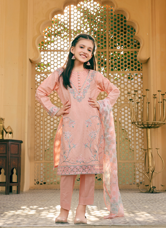 Peach Pink Ally's Jacquard Cotton Girls Suit