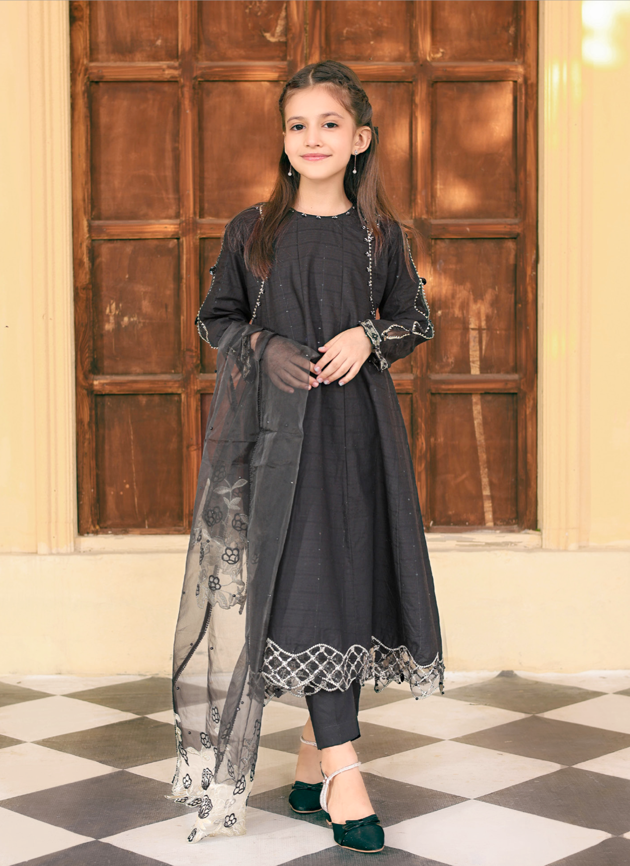 Black Ally's Jacquard Cotton Girls Suit