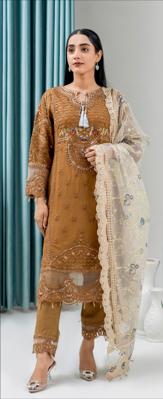 Gold Brown 'Jugnu' Maria B Inspired Chiffon Ladies Suit