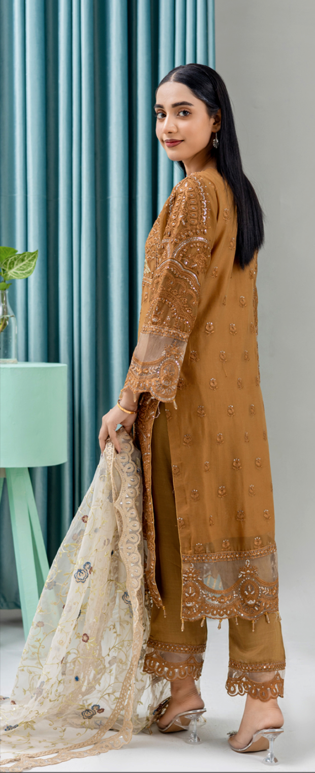 Gold Brown 'Jugnu' Maria B Inspired Chiffon Ladies Suit