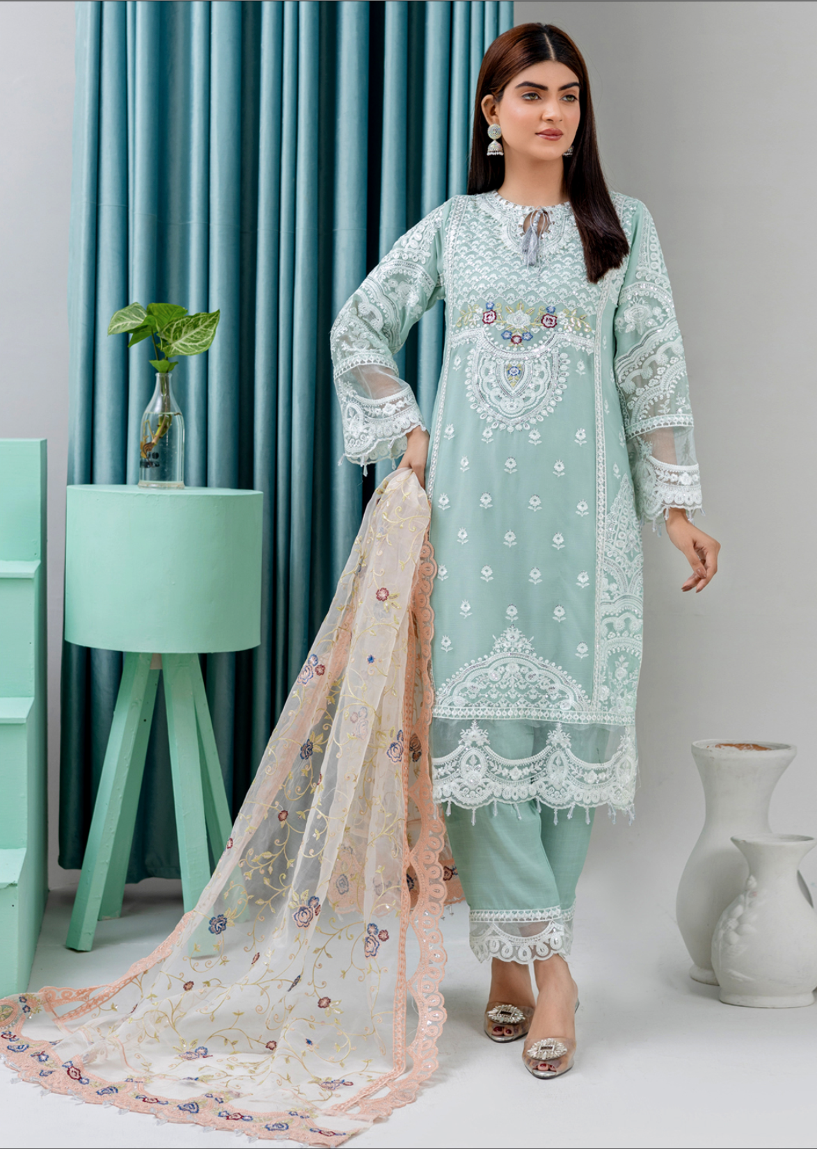 Light Teal 'Jugnu' Maria B Inspired Chiffon Ladies Suit