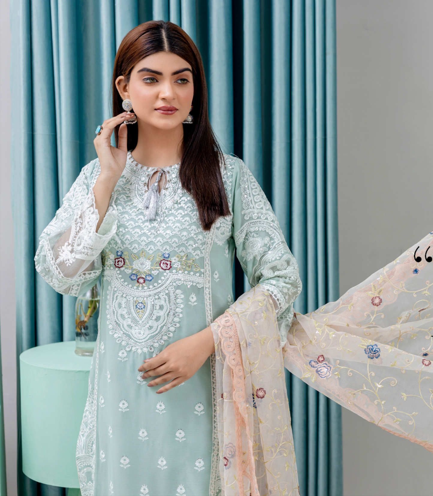 Light Teal 'Jugnu' Maria B Inspired Chiffon Ladies Suit