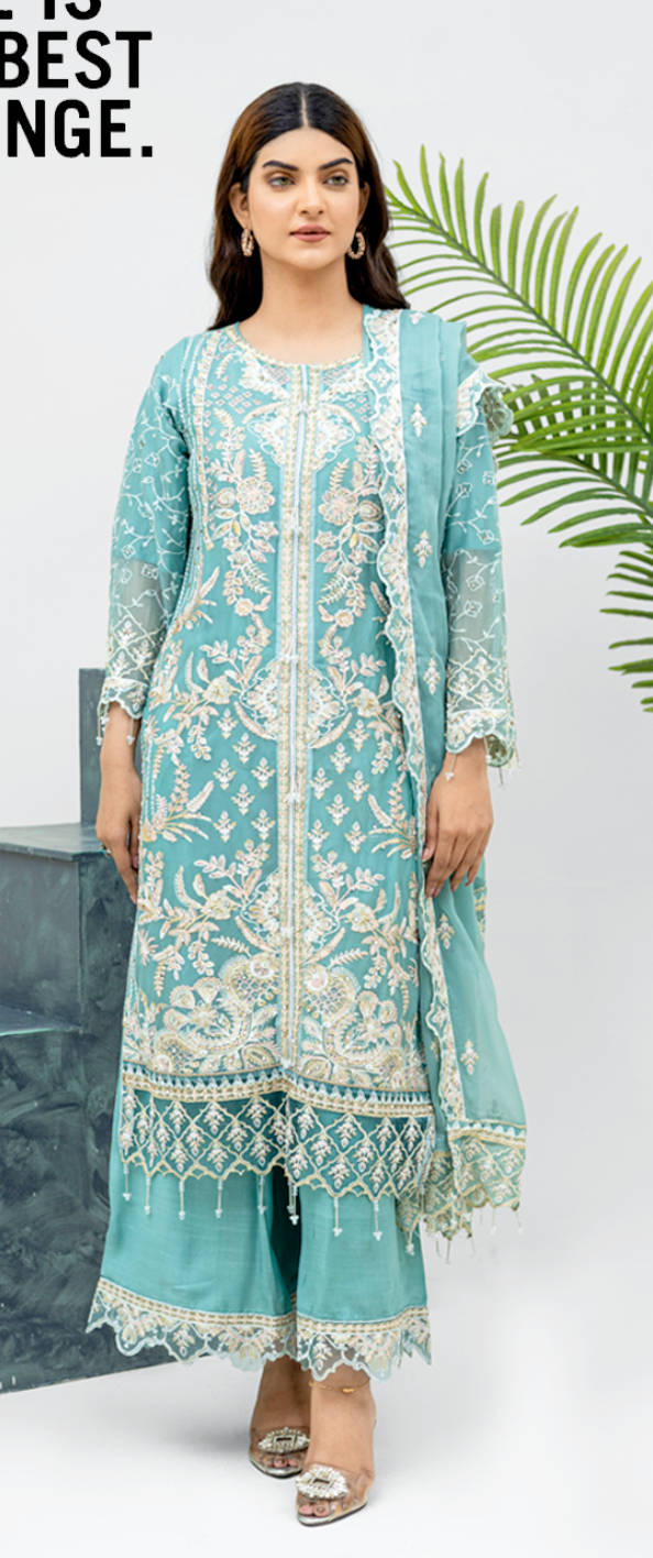 Teal Blue 'Aliza' Chiffon Ladies Suit