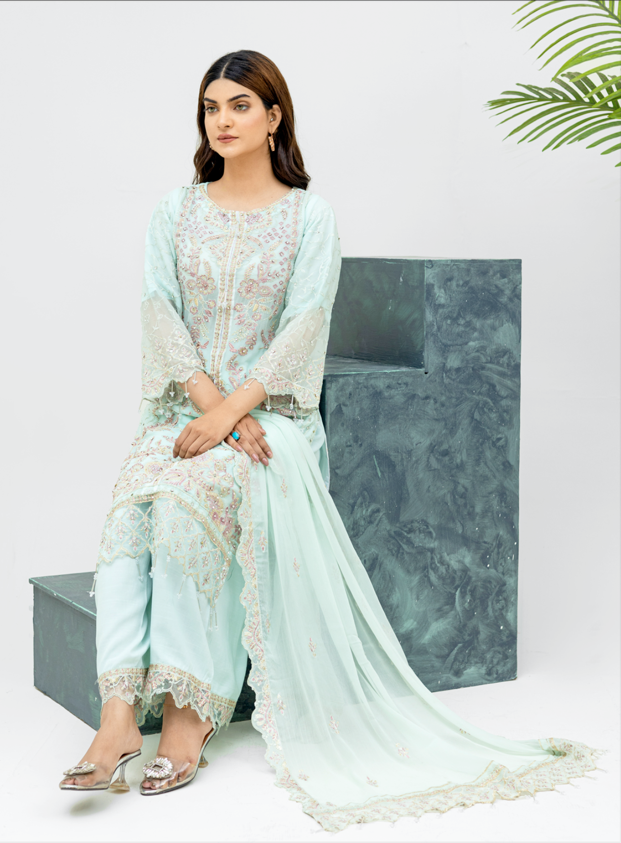 Light Teal 'Aliza' Chiffon Ladies Suit