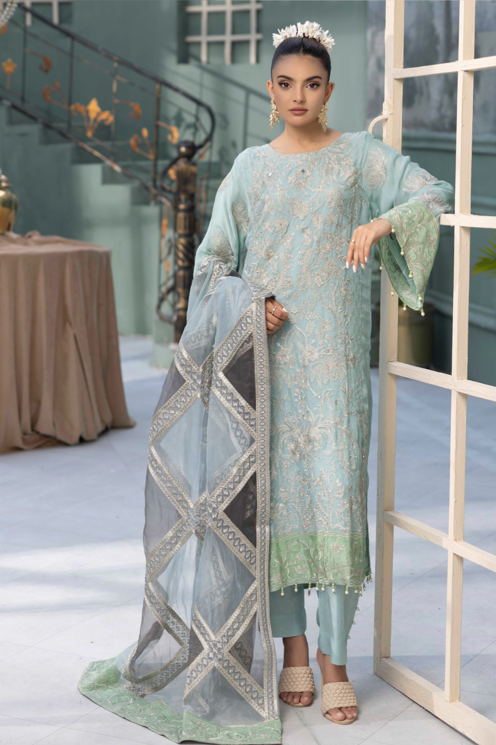 Teal Blue 'La Roza' Flossie Chiffon Ladies Suit