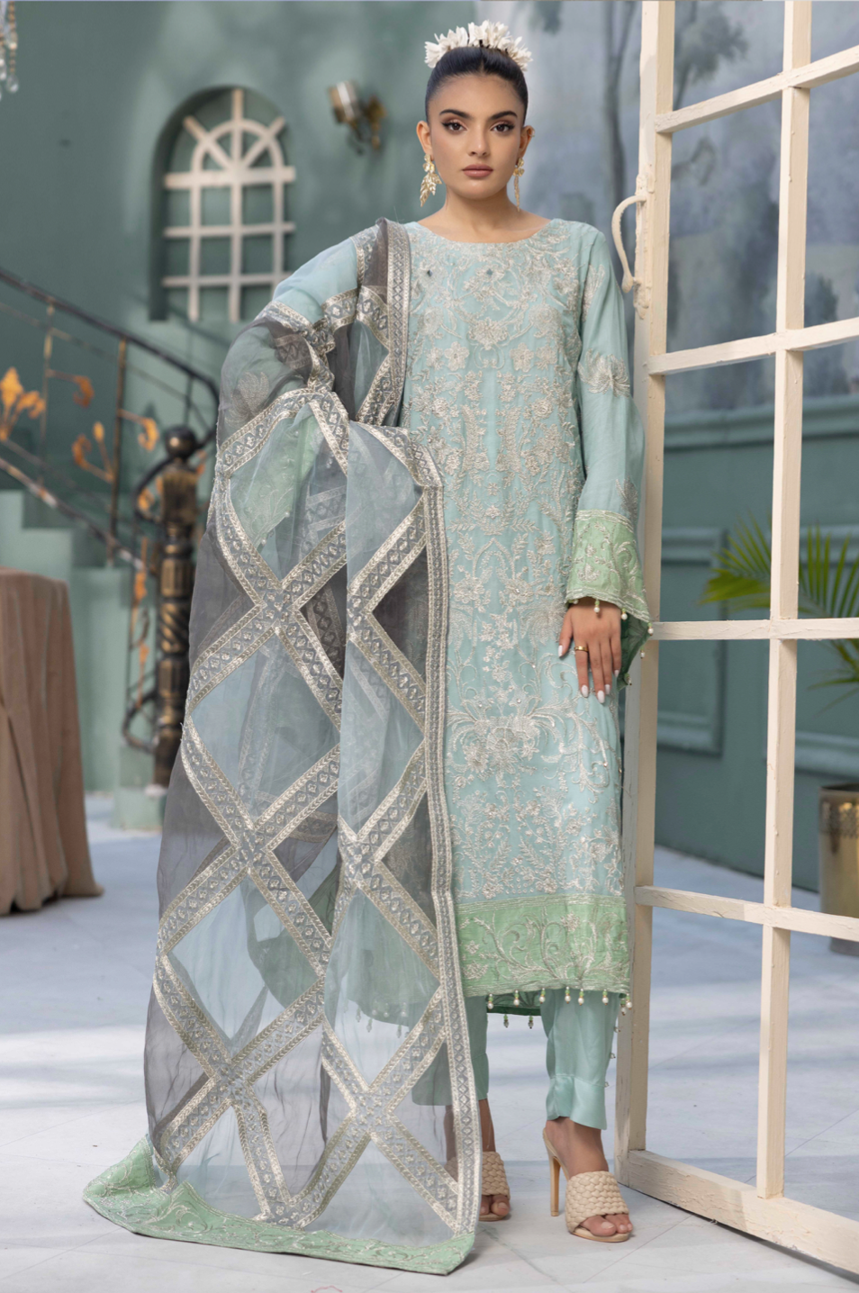 Teal Blue 'La Roza' Flossie Chiffon Ladies Suit