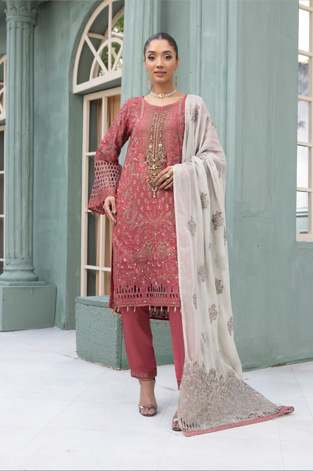 Cherry Red 'Hibiscus' Flossie Chiffon Ladies Suit