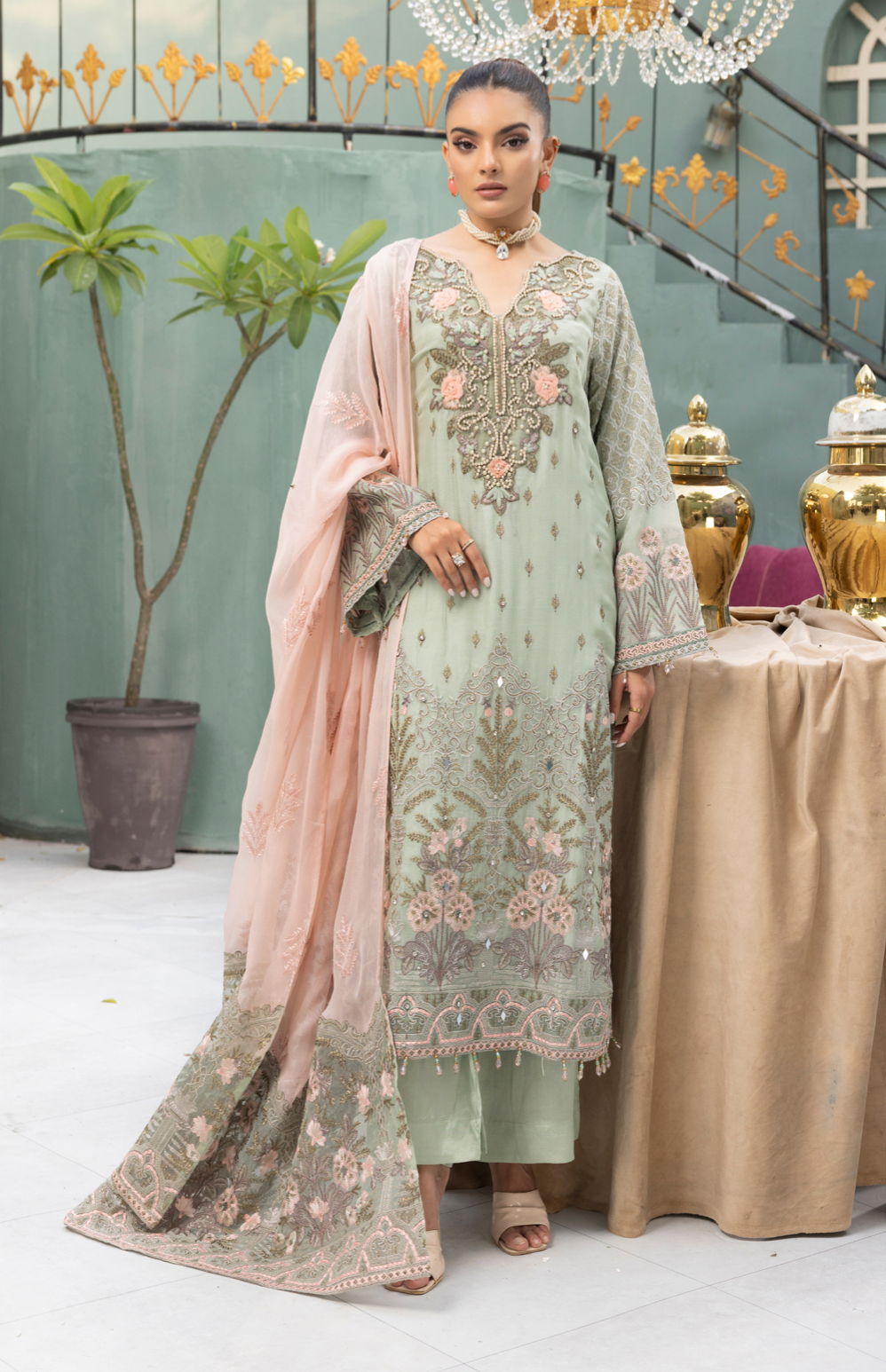 Mint Green 'Fluer Douce' Flossie Chiffon Ladies Suit