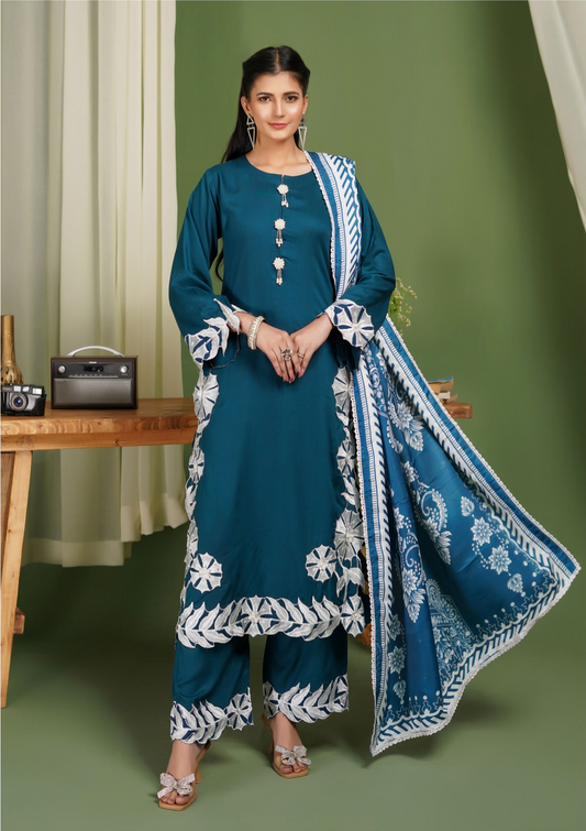 Dark Teal Blue 'Pareezay' Dhanak Ladies Suit