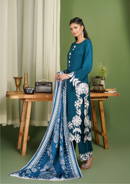 Dark Teal Blue 'Pareezay' Dhanak Ladies Suit