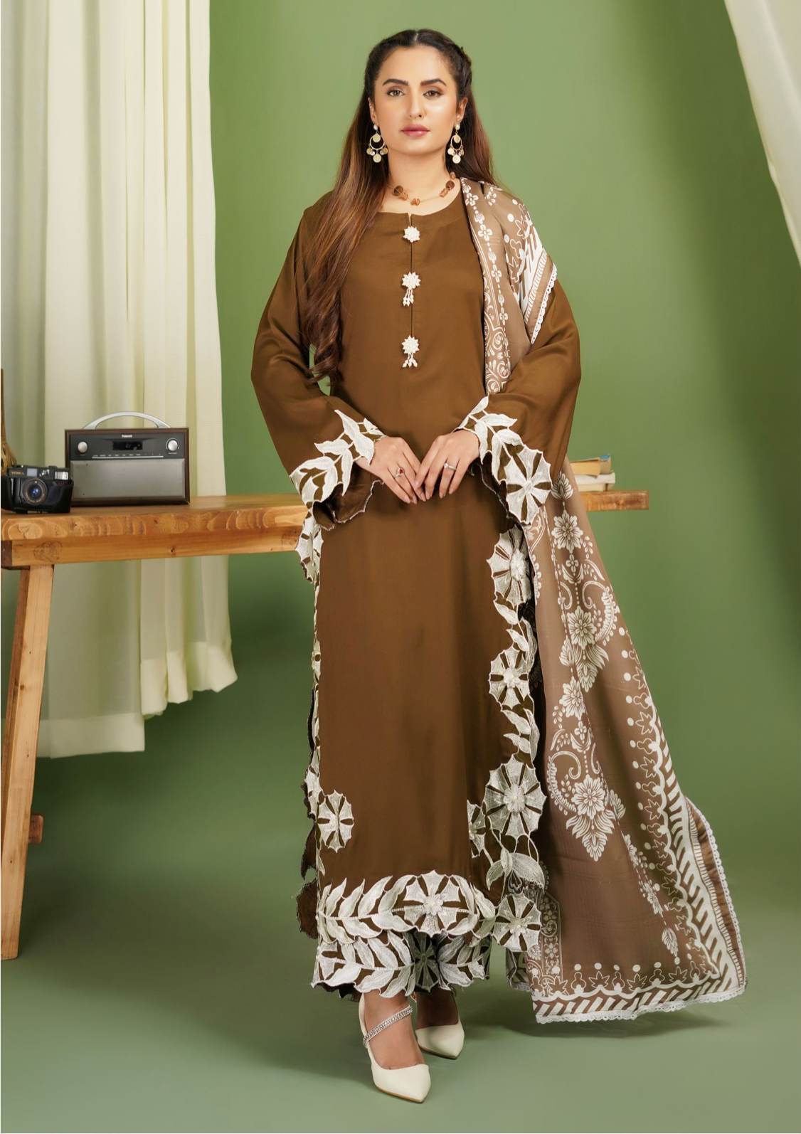 Olive Brown 'Pareezay' Dhanak Ladies Suit