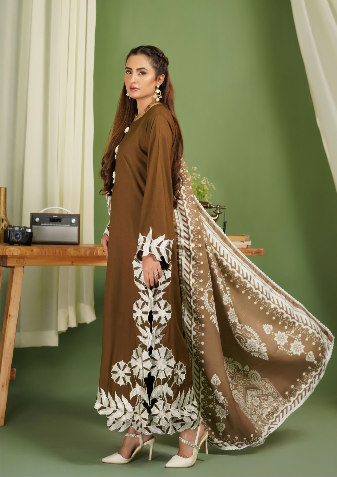 Olive Brown 'Pareezay' Dhanak Ladies Suit