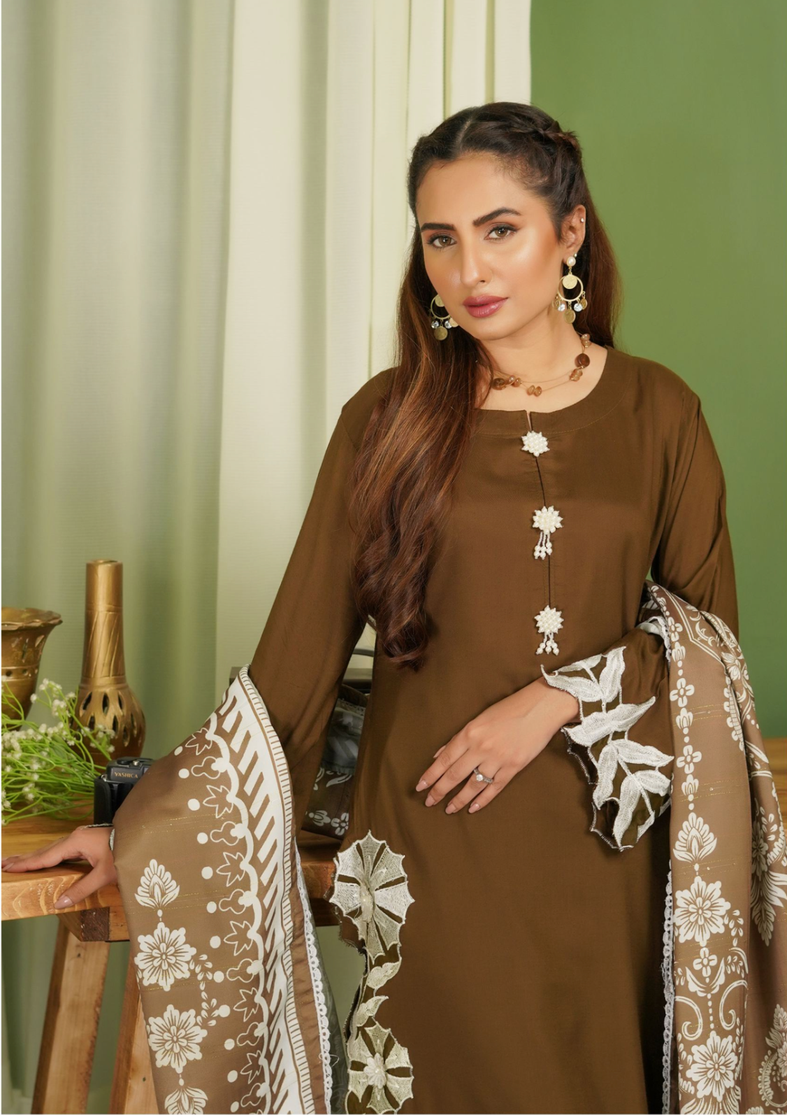 Olive Brown 'Pareezay' Dhanak Ladies Suit