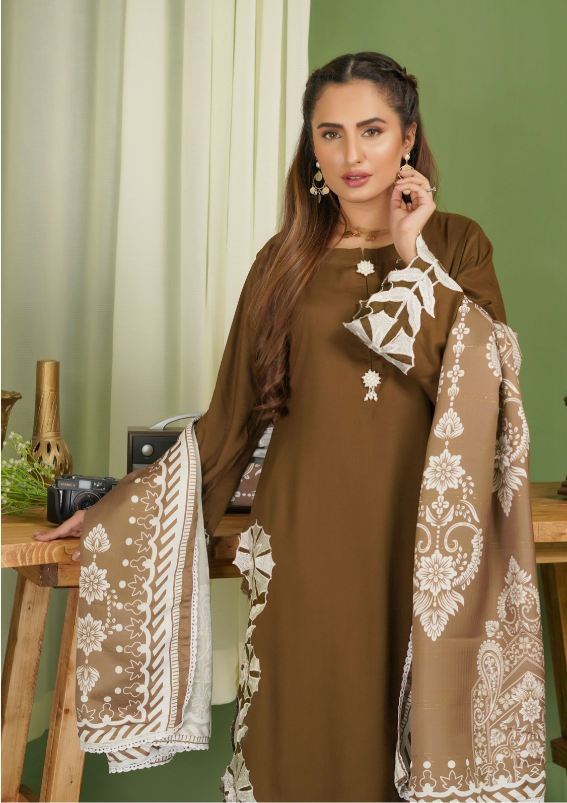 Olive Brown 'Pareezay' Dhanak Ladies Suit