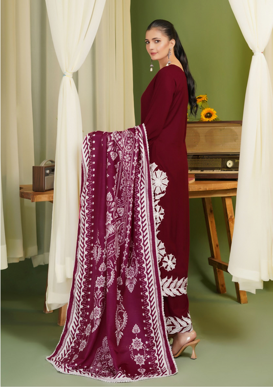 Dark Red 'Pareezay' Dhanak Ladies Suit