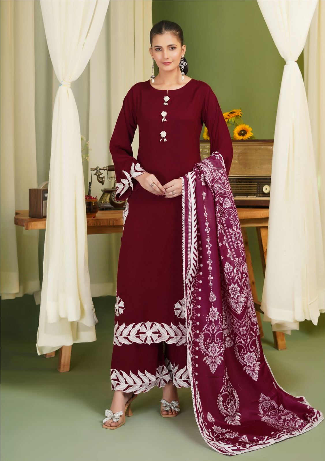 Dark Red 'Pareezay' Dhanak Ladies Suit