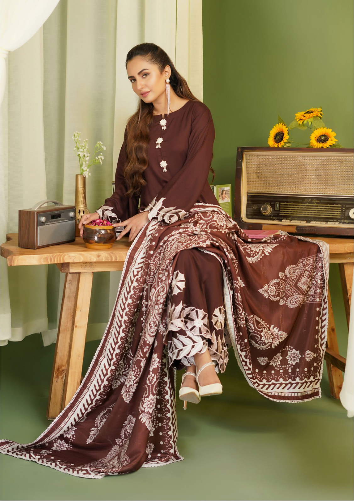 Dark Brown 'Pareezay' Dhanak Ladies Suit